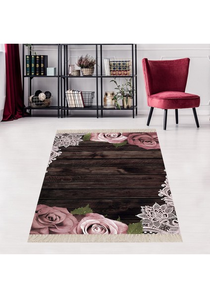 Gül Ahşap Desenli Dijital Baskı Yıkanabilir Kaymaz Taban Vintage Salon Halısı ve Yolluk
