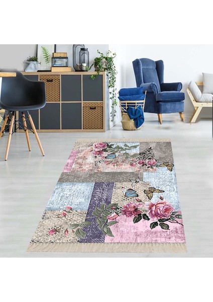 Gül Kelebek Patchwork Desenli Dijital Baskı Yıkanabilir Kaymaz Taban Vintage Salon Halısı ve Yolluk