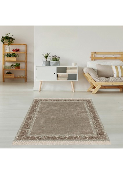 Nakış Desen Çerçeveli Dijital Baskı Yıkanabilir Kaymaz Taban Modern Salon Halısı ve Yolluk (Kahve)