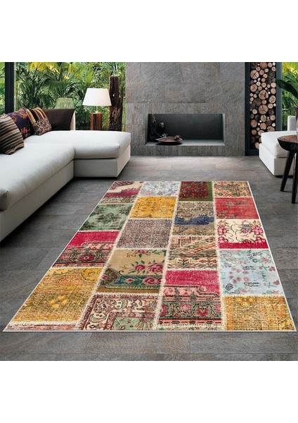 Patchwork Çiçek Desenli Yıkanabilir Kaymaz Taban Leke Tutmaz Modern Salon Halısı ve Yolluk