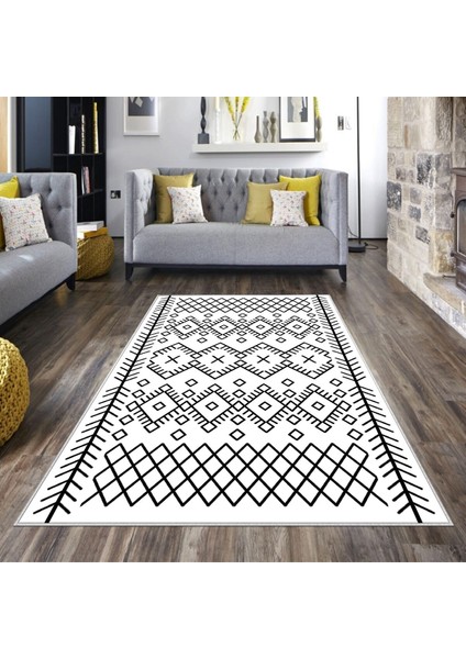 Geometrik Etnik Karo Desenli Siyah Beyaz Dijital Baskı Yıkanabilir Kaymaz Taban Modern Salon Halısı