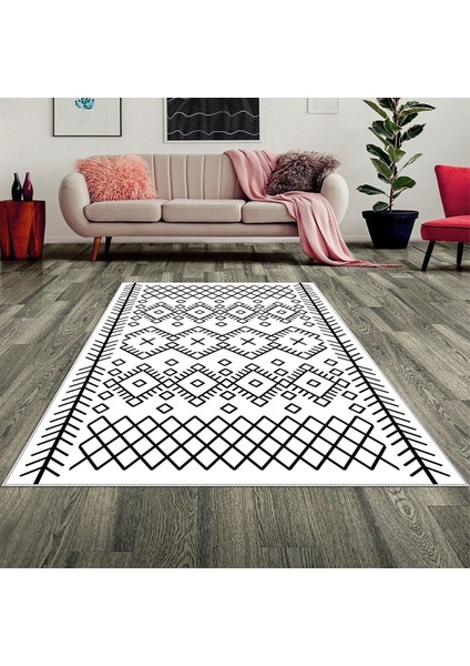 Geometrik Etnik Karo Desenli Siyah Beyaz Dijital Baskı Yıkanabilir Kaymaz Taban Modern Salon Halısı fiyatları