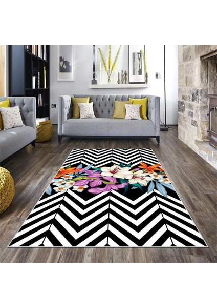Zigzag Zemin Çiçek Desenli Siyah Dijital Baskı Yıkanabilir Kaymaz Taban Modern Salon Halısı