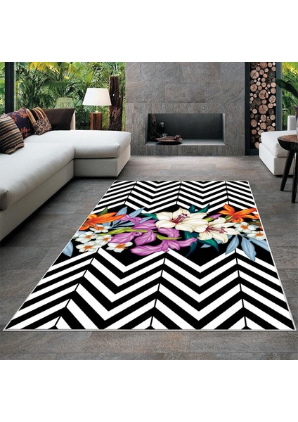 Zigzag Zemin Çiçek Desenli Siyah Dijital Baskı Yıkanabilir Kaymaz Taban Modern Salon Halısı