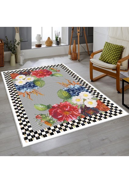 Dama Çerçeveli Çiçek Desenli Dijital Baskı Yıkanabilir Kaymaz Taban Modern Salon Halısı