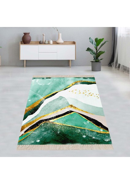 Kuş Desenli Mermer Gold Şeritli Halı Dijital Baskı Yıkanabilir Modern Salon Halısı ve Yolluk