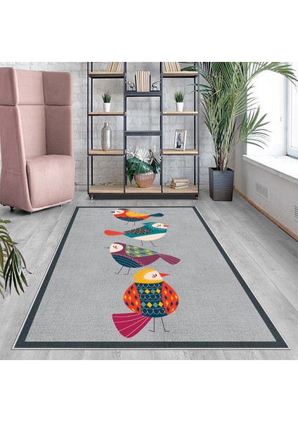 Renkli Kuş Desenli Gri Zemin Dijital Baskı Yıkanabilir Kaymaz Taban Modern Salon Halısı