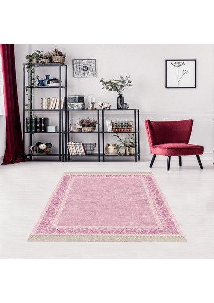 Nakış Desen Çerçeveli Dijital Baskı Yıkanabilir Kaymaz Taban Modern Salon Halısı ve Yolluk (Pembe)