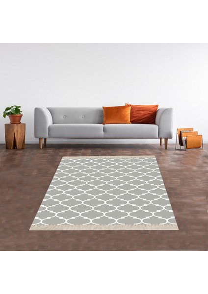 Geometrik Karo Desenli Dijital Baskı Yıkanabilir Kaymaz Taban Modern Salon Halısı ve Yolluk (Gri)