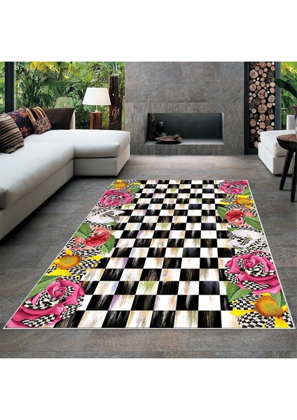 Dama Zemin Çiçek Desenli Dijital Baskı Yıkanabilir Kaymaz Taban Modern Salon Halısı