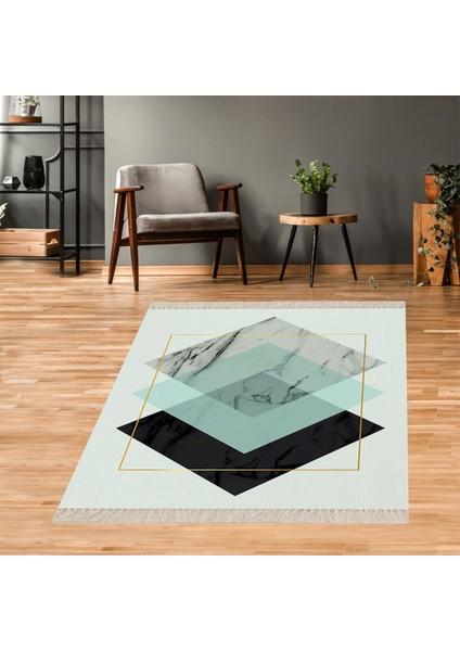 Geometrik Karo Desenli Gold Dijital Baskı Yıkanabilir Kaymaz Taban Modern Salon Halısı ve Yolluk