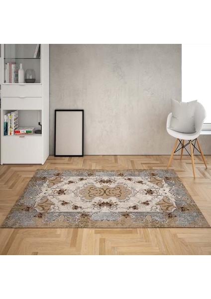 Çiçek ve Varak Desenli Dijital Baskı Yıkanabilir Kaymaz Taban Vintage Klasik Salon Halısı