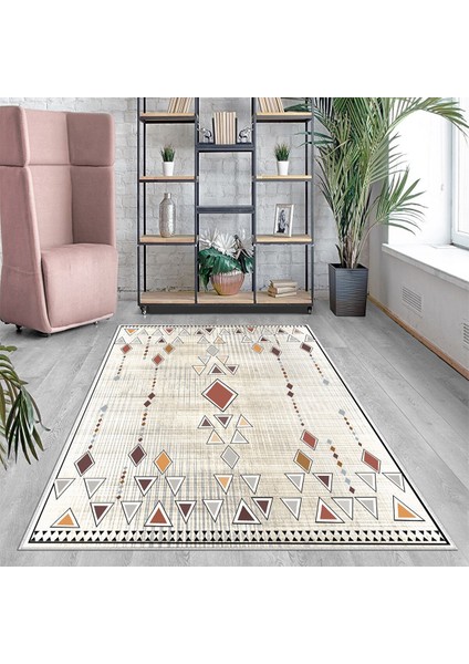 Geometrik Karo Renkli Bohem Dijital Baskı Yıkanabilir Kaymaz Taban Etnik Kilim Desen Salon Halısı