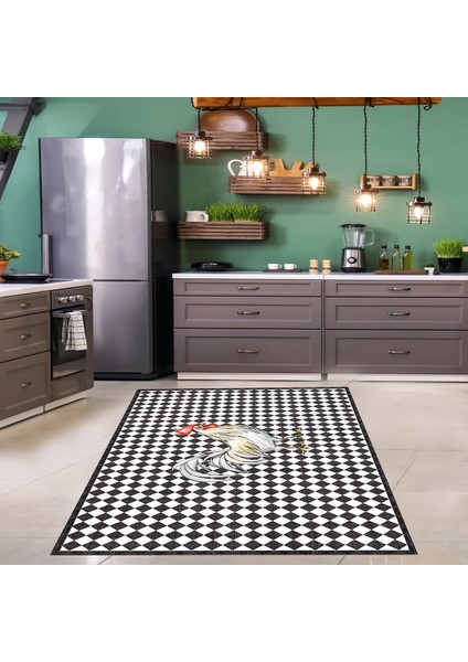 Horoz Karo Kitchen Desenli Dijital Baskı Yıkanabilir Kaymaz Taban Mutfak Halısı ve Yolluk