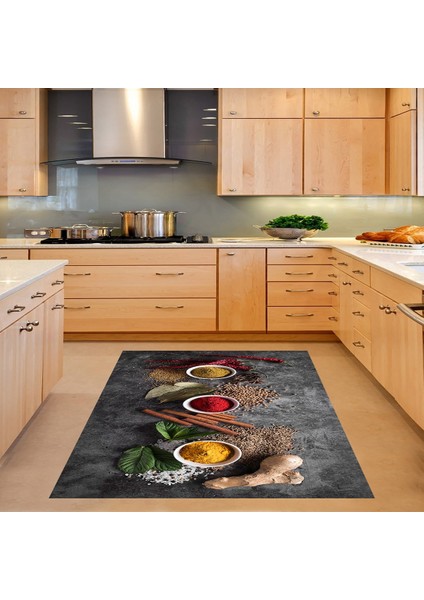 Baharat Desenli Dijital Baskı Yıkanabilir Kaymaz Taban Leke Tutmaz Mutfak Halısı ve Yolluk