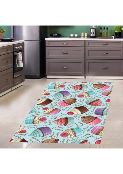Cupcake Tatlı Desenli Dijital Baskılı Kaymaz Taban Yıkanabilir Leke Tutmaz Mutfak Halısı