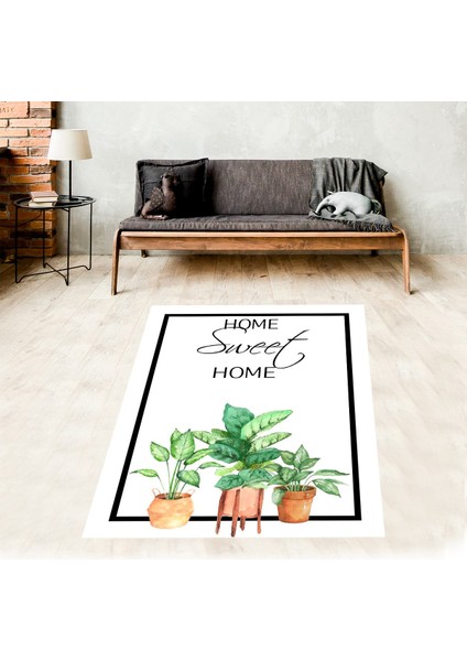 Yeşil Yaprak Desenli Home Sweet Home Dijital Baskılı Kaymaz Yıkanabilir Leke Tutmaz Mutfak Halısı
