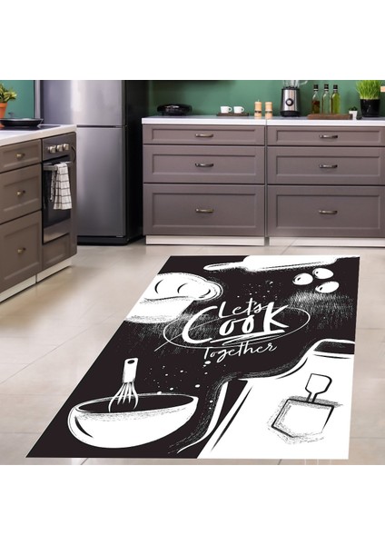 Let's Cook Together Dijital Baskı Yıkanabilir Kaymaz Taban Leke Tutmaz Mutfak Halısı ve Yolluk