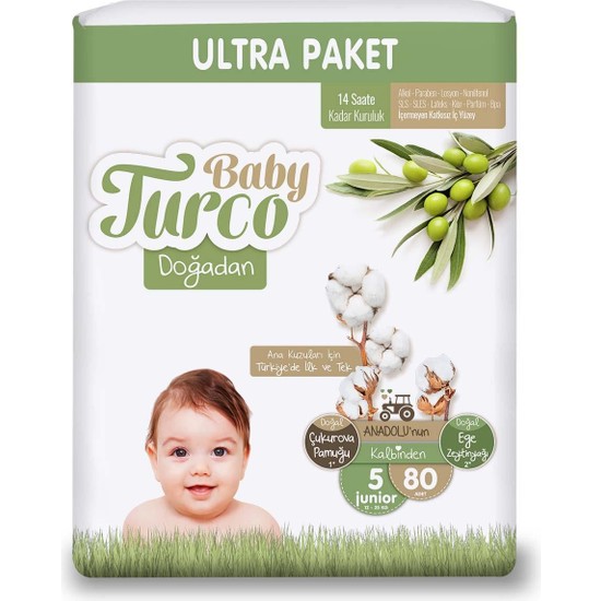 Baby Turco Doğadan Ultra Junior Bebek Bezi 12-25 kg 80'li 5 Numara