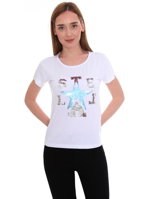 Bogda Çift Yönlü Renk Değiştiren Pullu Kadın T-Shirt Beyaz-Ste