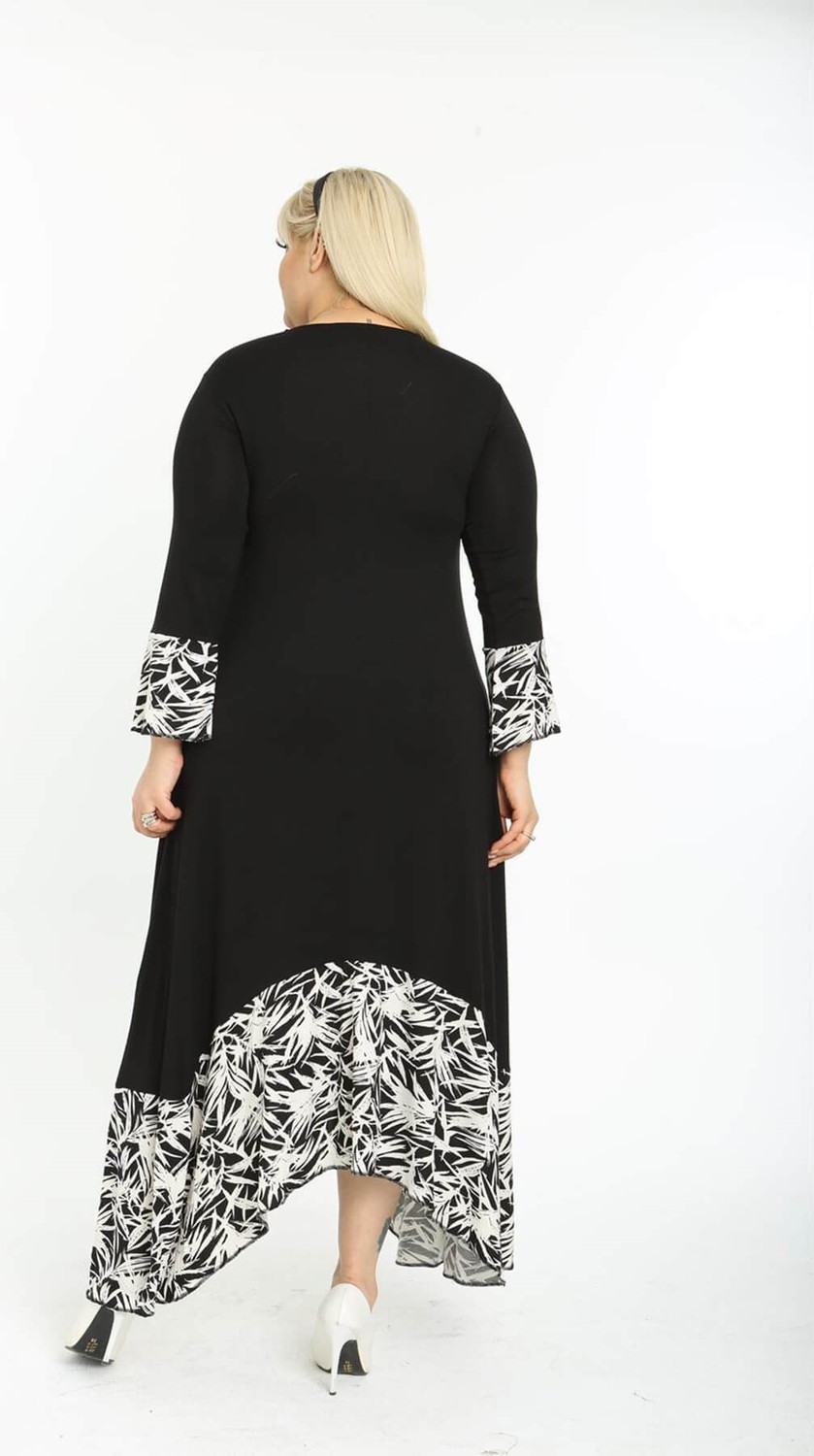 Mia Butik Büyük Beden Siyah Yaprak Desen Asimetrik Fakir Kol Elbise görsel 5
