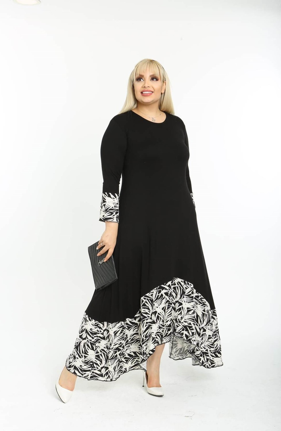 Mia Butik Büyük Beden Siyah Yaprak Desen Asimetrik Fakir Kol Elbise görsel 2