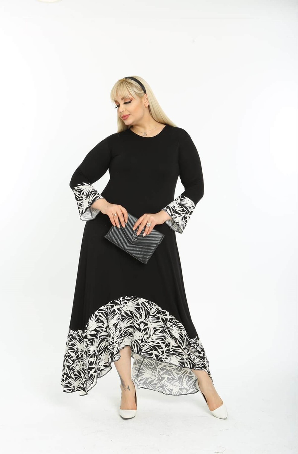 Mia Butik Büyük Beden Siyah Yaprak Desen Asimetrik Fakir Kol Elbise