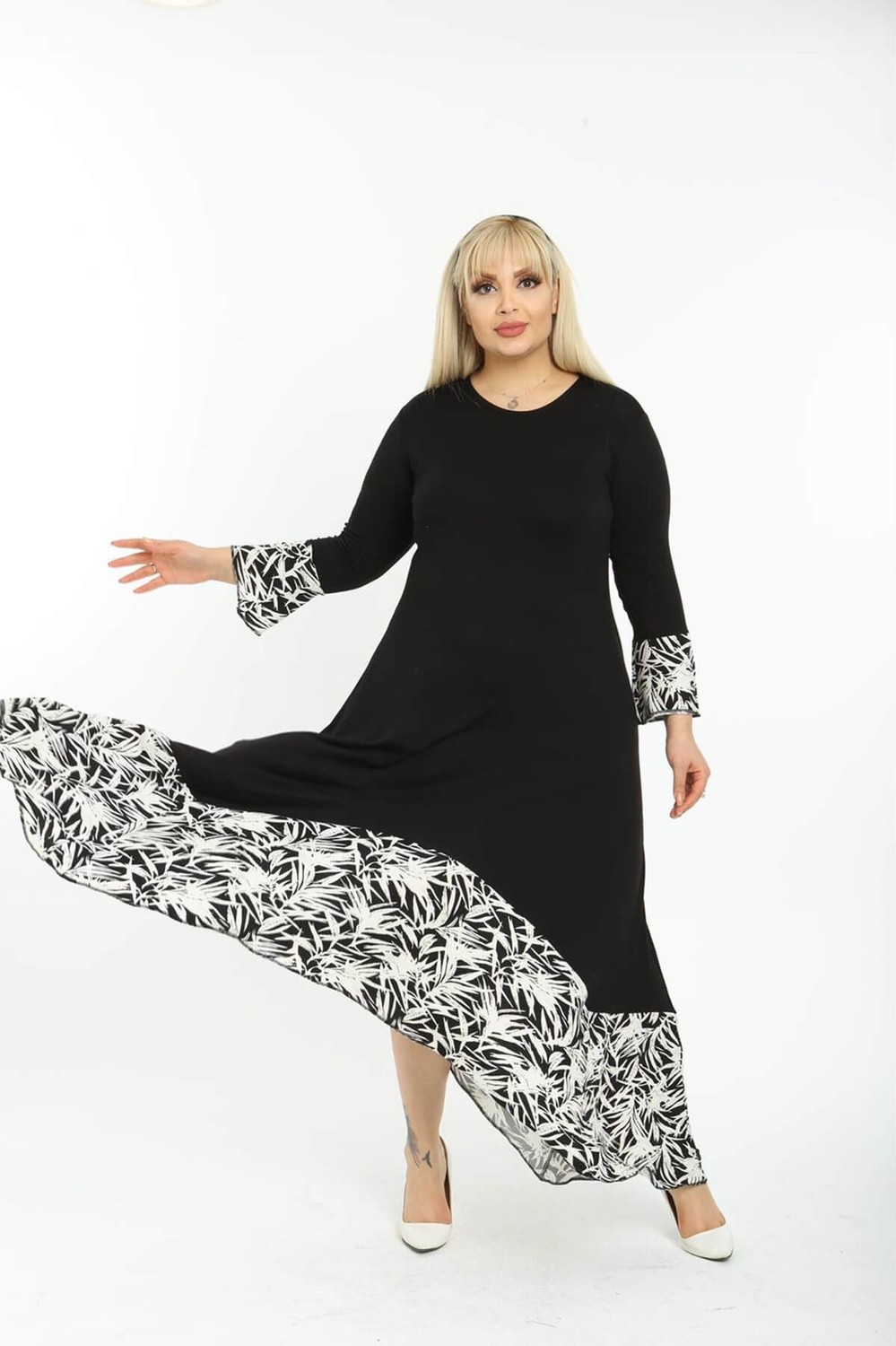 Mia Butik Büyük Beden Siyah Yaprak Desen Asimetrik Fakir Kol Elbise görsel 4