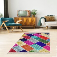Bona Fortuna Kilim Desenli Renk Bloklu Etnik Dijital Baskı Yıkanabilir Kaymaz Taban Modern Salon Halı ve Yolluk 
