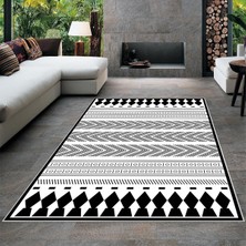Bona Fortuna Geometrik Etnik Çizgi Desenli Siyah Beyaz Dijital Baskı Yıkanabilir Kaymaz Taban Modern Salon Halısı