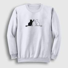 Presmono Unisex Beyaz Black And White Cats Kedi Sweatshirt