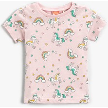 Koton Kız Bebek Pamuklu Unicorn Baskılı Kısa Kollu Bisiklet Yaka Tişört Pembe Renk