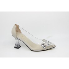 Zerhan Kadın Sivri Burun Şeffaf Kadeh Topuk Ten Astarlı Taşlı Abiye Ayakkabı CYS2001