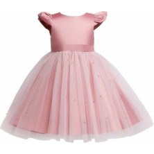 Nsm Pudra Fiyonk Detaylı Inci Etekli Kız Bebek Tütü Prenses Elbise