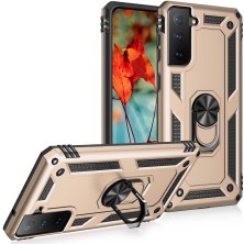 Caseworld Samsung Galaxy S21 Fe Kapak Military Yüzüklü Stantlı Panzer Tank Kılıf - Gold