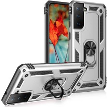 Caseworld Samsung Galaxy S21 Fe Kapak Military Yüzüklü Stantlı Panzer Tank Kılıf - Gri