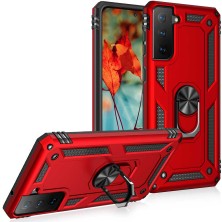 Caseworld Samsung Galaxy S21 Fe Kapak Military Yüzüklü Stantlı Panzer Tank Kılıf - Kırmızı