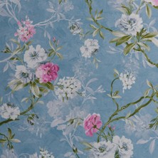 Benimol Mavi Zemin Üzerine Baskılı Pembe Renki Sarmaşık Çiçek Desenli Dokuma Dijital Baskılı Petek Kumaş