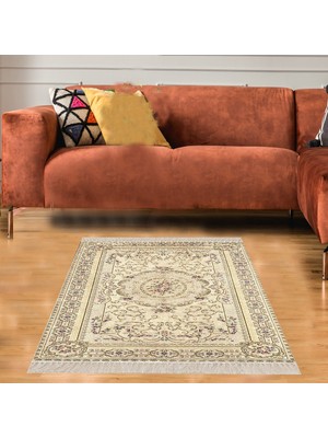 Bona Fortuna Çiçek Desenli Çerçeveli Dijital Baskı Yıkanabilir Kaymaz Taban Vintage Salon Halı ve Yolluk