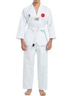 Top Glory Fitilli Beyaz Yaka Baskılı Taekwondo Elbisesi Dobok