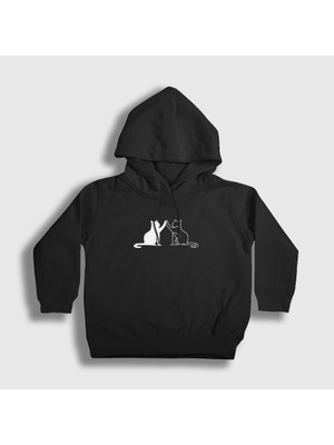 Presmono Unisex Çocuk Siyah Black And White Cats Kedi Kapüşonlu Sweatshirt