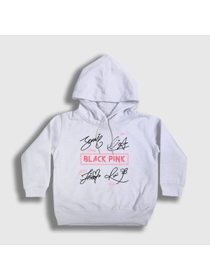 Presmono Unisex Çocuk Beyaz Tanda Tangan Blackpink Kapüşonlu Sweatshirt
