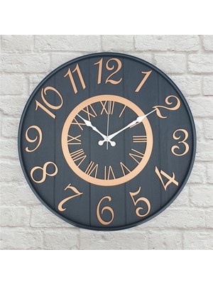 Markakanvas Antrasit Renk Metal Kasalı , Antrasit Renkli  Bakır Renk Rakamlı Yuvarlak Duvar Saati  Çap 50 cm