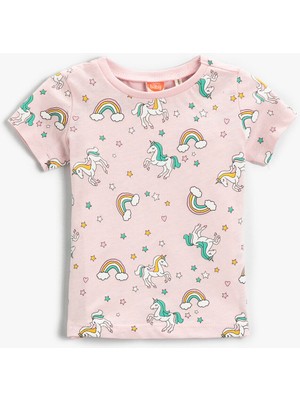 Koton Kız Bebek Pamuklu Unicorn Baskılı Kısa Kollu Bisiklet Yaka Tişört Pembe Renk
