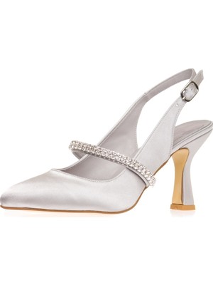 Kent Shop Gümüş Saten 8 cm Taşlı Kadın Abiye Ayakkabı