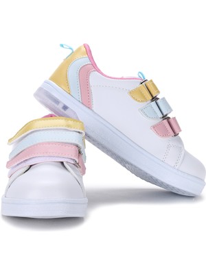 Kiko Kids Mami Günlük Cırtlı Işıklı Kız/erkek Çocuk Spor Ayakkabı Beyaz - Pembe