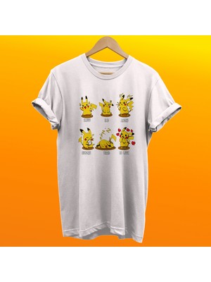 Remonz Pikachu Duygu Durumları Baskılı %100 Pamuk Oversize T-Shirt