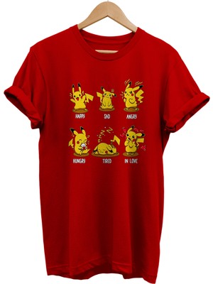 Remonz Pikachu Duygu Durumları Baskılı %100 Pamuk Oversize T-Shirt