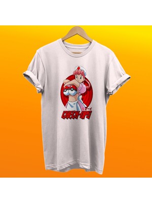 Remonz Pokemon Hemşire Baskılı %100 Pamuk Oversize T-Shirt Büyük Beden Tişört