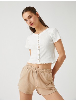 Koton 2SAL10118IK Yuvarlak Yaka Kısa Kollu Normal Kalıp Ekru Kadın T-Shirt